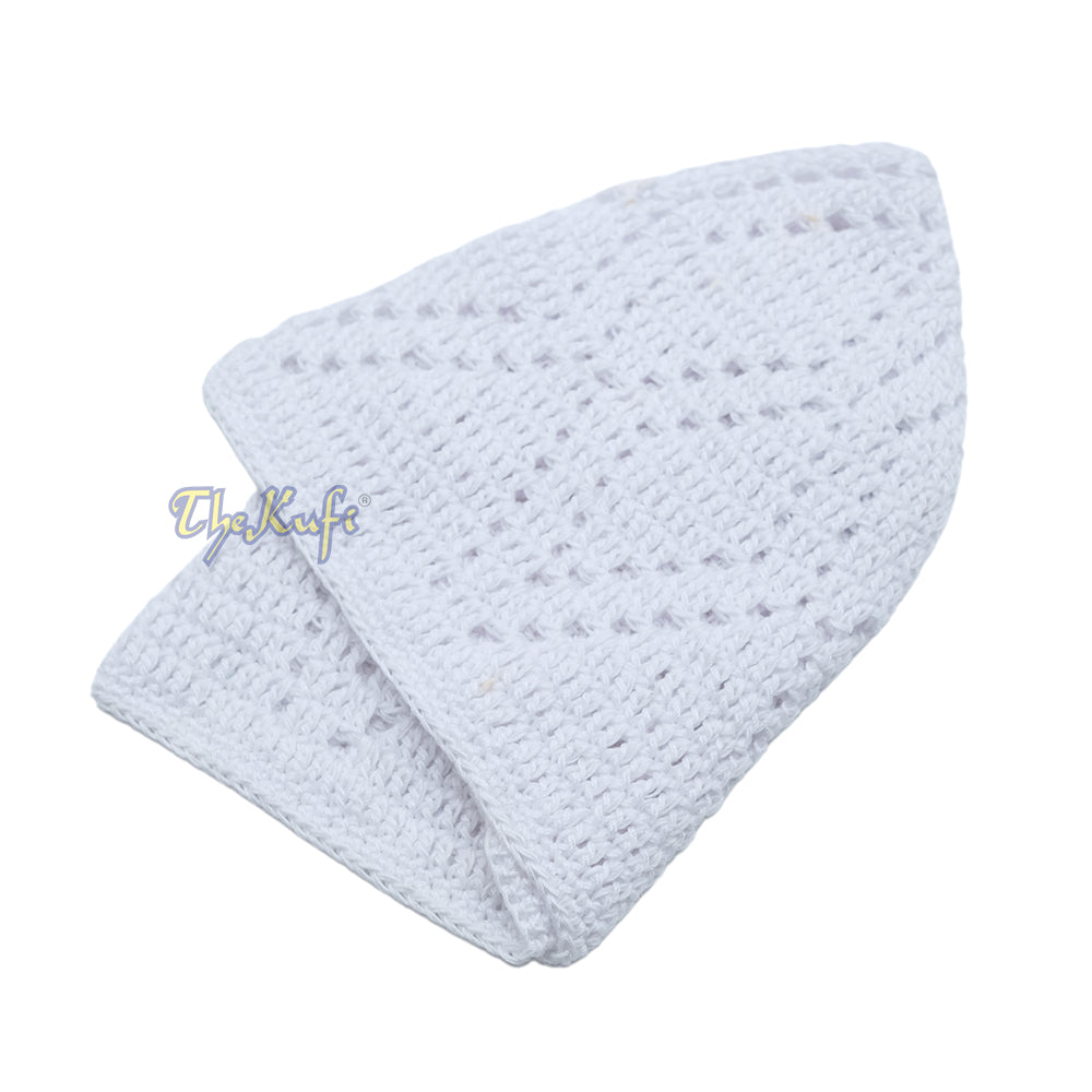 White Hand-Crochet Sanaa Open Weave Double Diamond Design Kufi Cap