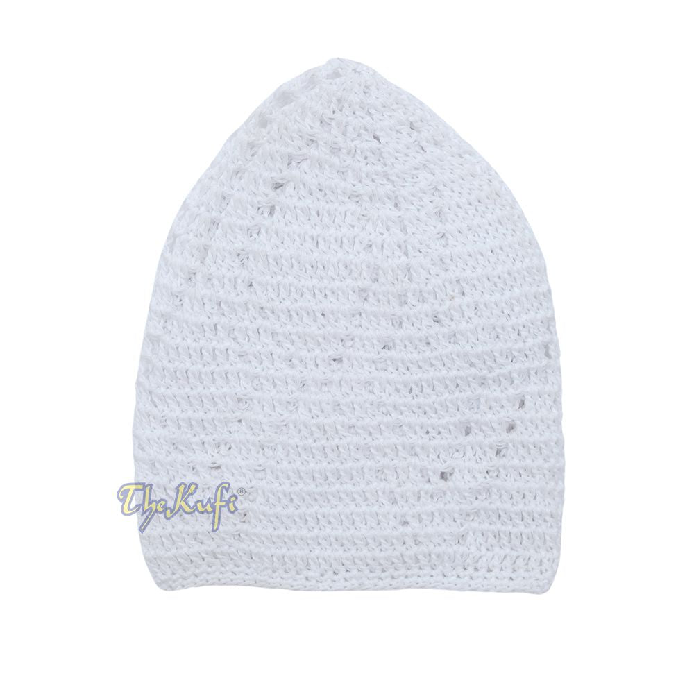 White Hand-Crochet Sanaa Open Weave Double Diamond Design Kufi Cap