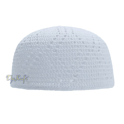 Topi Kufi Desain Berlian Ganda Tenun Terbuka Sanaa Rajutan Tangan Putih