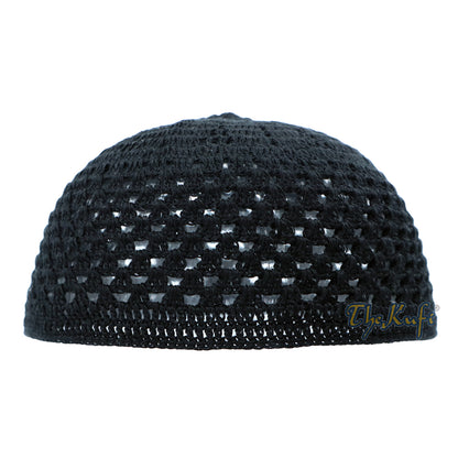 Black Comfortable Hand Crochet Cotton Open Weave Kufi Hat