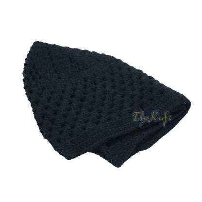 Black Comfortable Hand Crochet Cotton Open Weave Kufi Hat