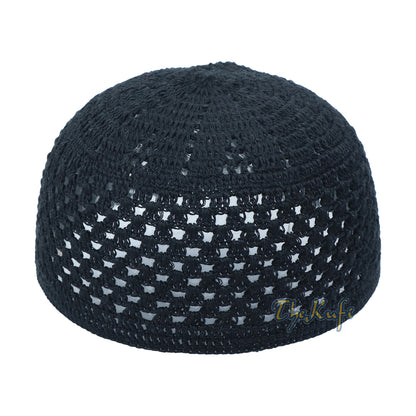 Black Comfortable Hand Crochet Cotton Open Weave Kufi Hat