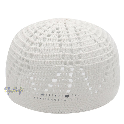 Hand-Crocheted Kufi Thick Hat Open-Weave Elongated Diamond Design