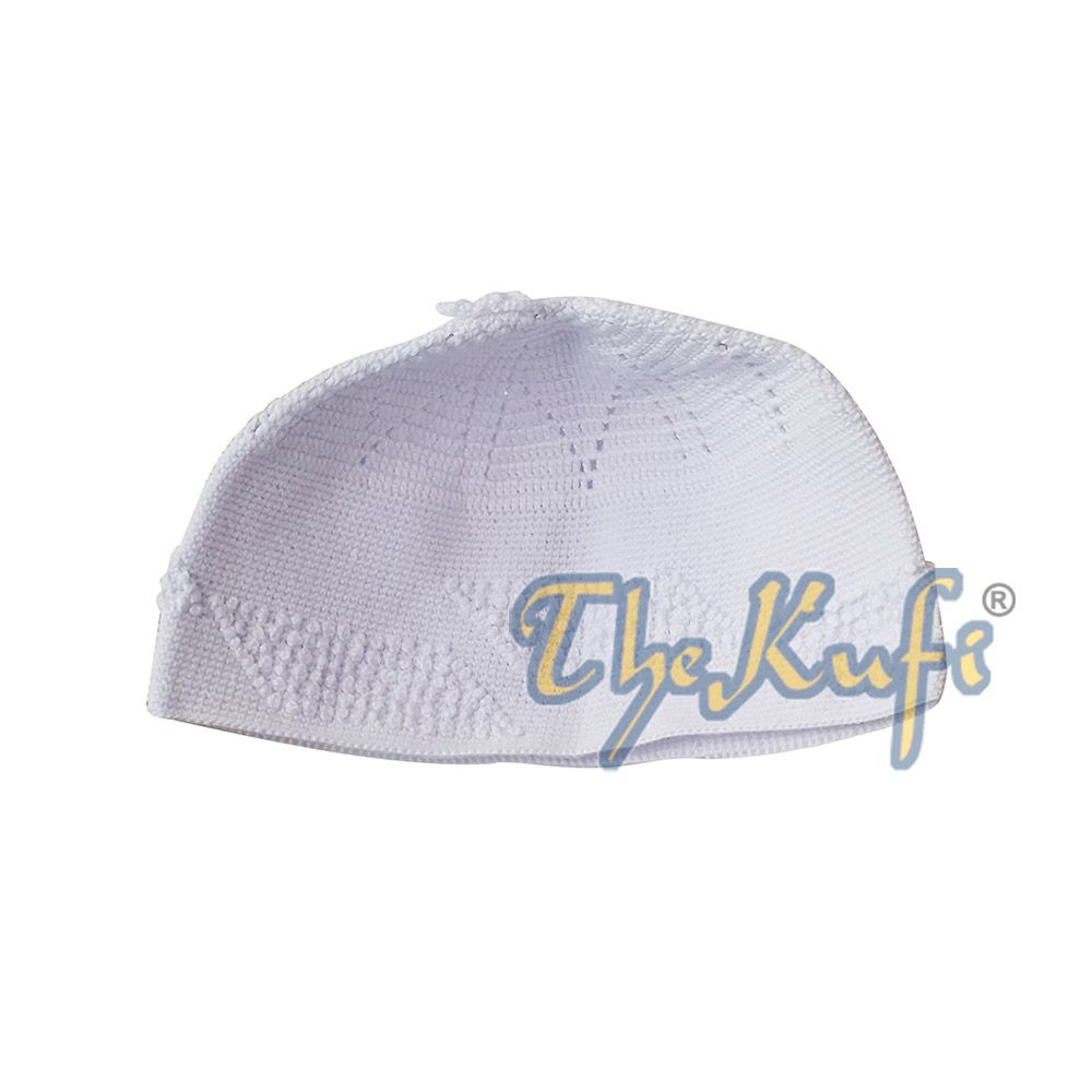 White Cotton Hand-Crochet with Parallelogram Knot Design Open-Weave Feature On Top Kufi