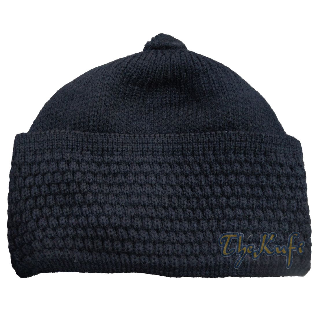 One-size Dark Blue Thick-weave Stretchy Double Layer Warm Cotton-acrylic Beanie Hat with Pompom