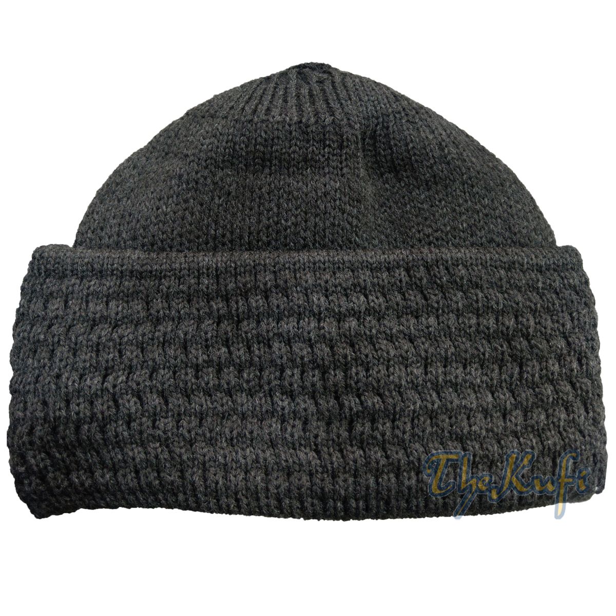 One-size Dark Gray Thick-weave Stretchy Double Layer Warm Cotton-acrylic Beanie Hat with Pompom