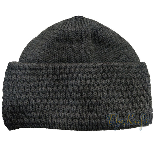 One-size Dark Gray Thick-weave Stretchy Double Layer Warm Cotton-acrylic Beanie Hat with Pompom