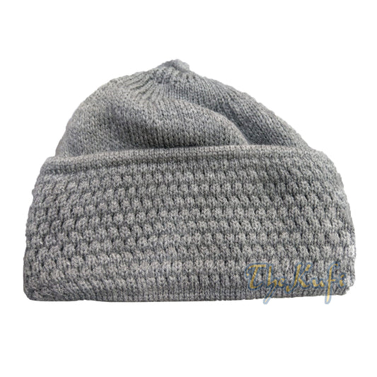 One-Size Gray Thick-Weave Stretchy Double Layer Warm Cotton-Acrylic Beanie Hat With Pompom