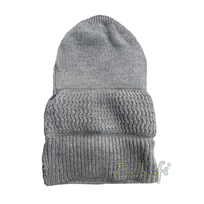 One-Size Gray Thick-Weave Stretchy Double Layer Warm Cotton-Acrylic Beanie Hat With Pompom