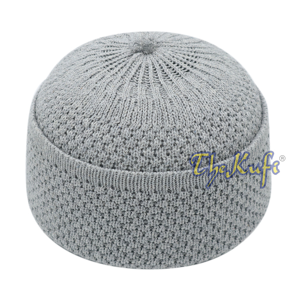 One-Size Light Gray Thick-Weave Stretchy Double Layer Warm Cotton-Acrylic Beanie Hat with Pompom