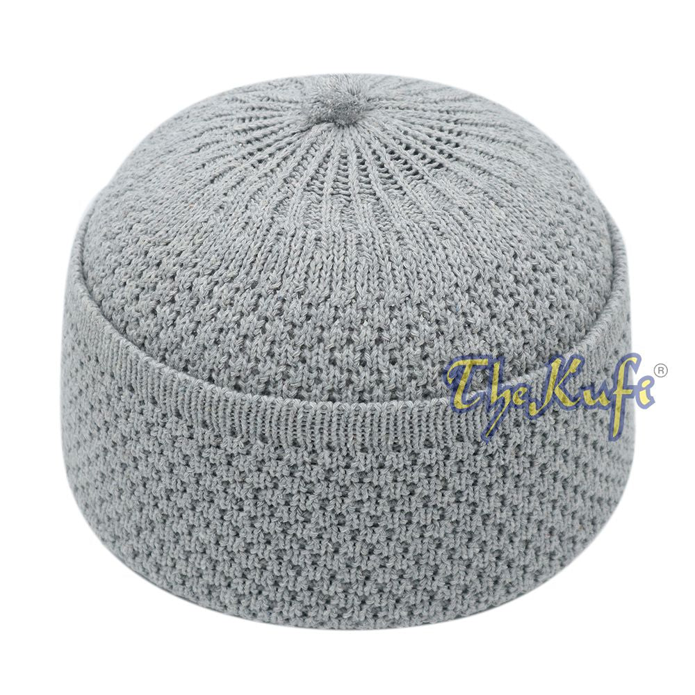 One-Size Light Gray Thick-Weave Stretchy Double Layer Warm Cotton-Acrylic Beanie Hat with Pompom