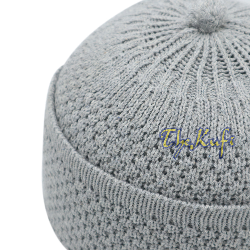 One-Size Light Gray Thick-Weave Stretchy Double Layer Warm Cotton-Acrylic Beanie Hat with Pompom