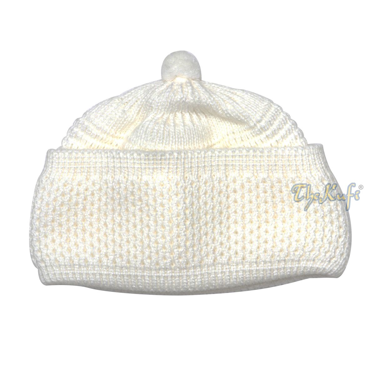 One-size White Thick-weave Stretchy Double Layer Warm Cotton-acrylic Beanie Hat with Pompom