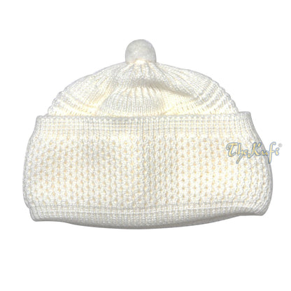 One-size White Thick-weave Stretchy Double Layer Warm Cotton-acrylic Beanie Hat with Pompom