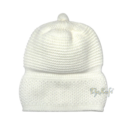 One-size White Thick-weave Stretchy Double Layer Warm Cotton-acrylic Beanie Hat with Pompom