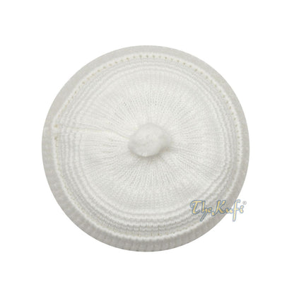 One-size White Thick-weave Stretchy Double Layer Warm Cotton-acrylic Beanie Hat with Pompom