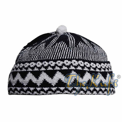 Black Cotton Blend Zigzag Beanie Kufi Hat With Ball On Top