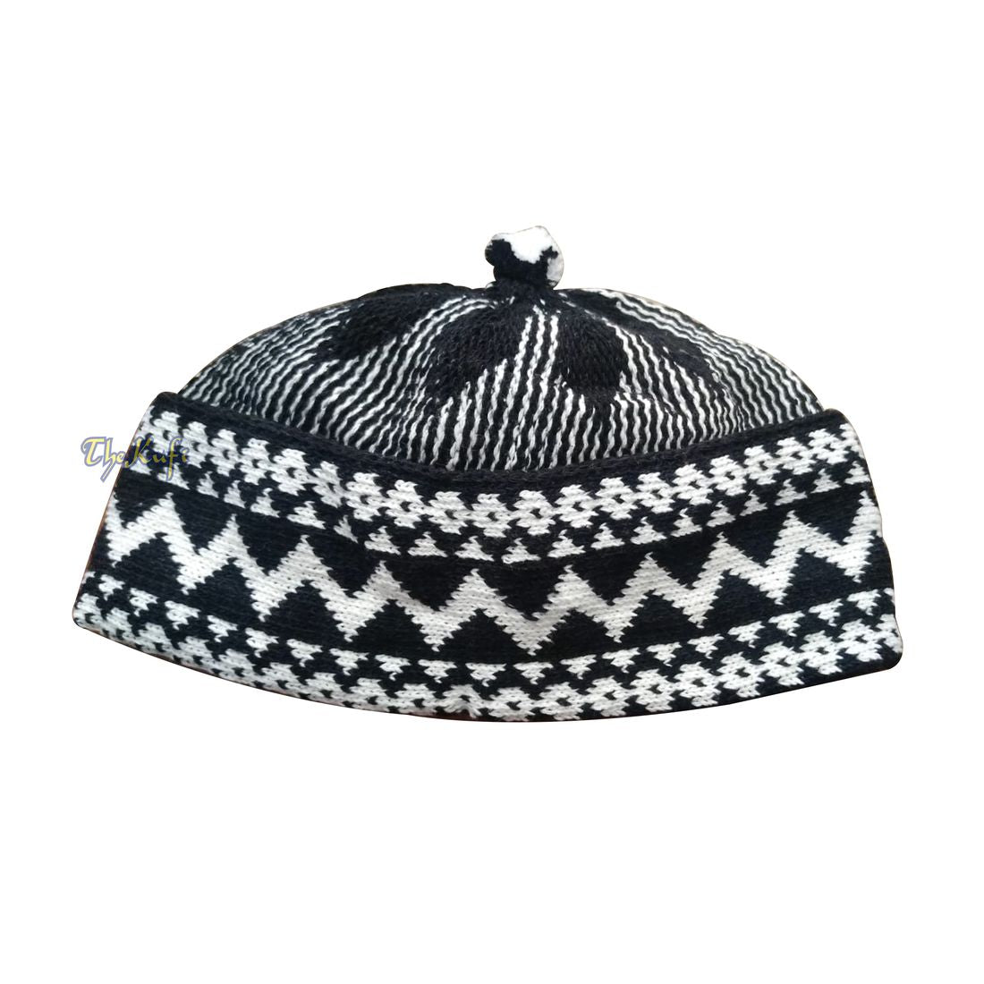 Black Cotton Blend Zigzag Beanie Kufi Hat with Ball on Top