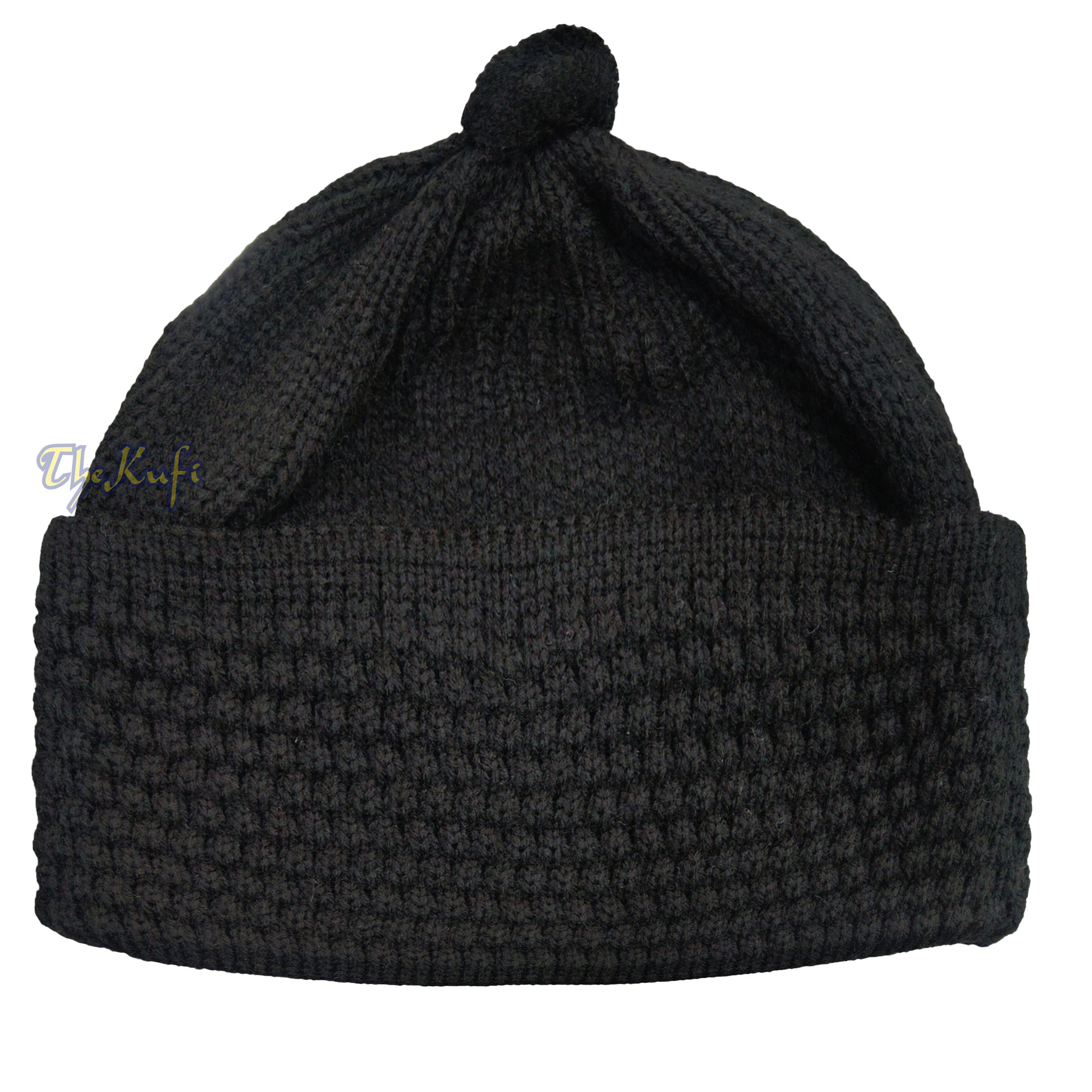 Black Winter Beanie With Pompom Thick Faux Wool Double Layer Warm Hat Cap One-Size