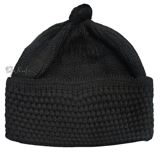 Black Winter Beanie with Pompom Thick Faux Wool Double Layer Warm Hat Cap One-Size