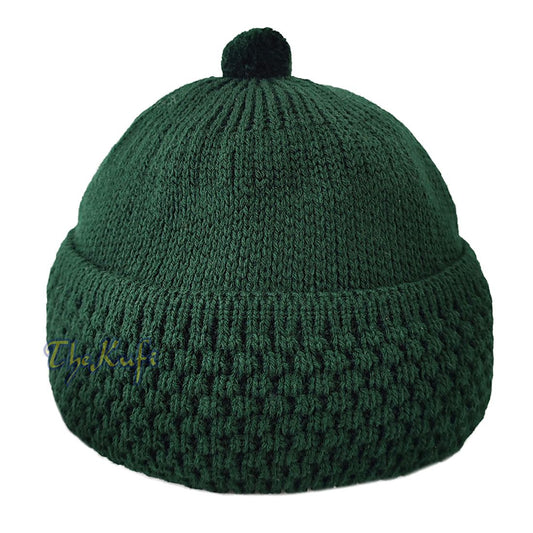 Dark Green Winter Beanie with Pompom THICK Faux Wool Double Layer Warm Hat Cap ONE-SIZE