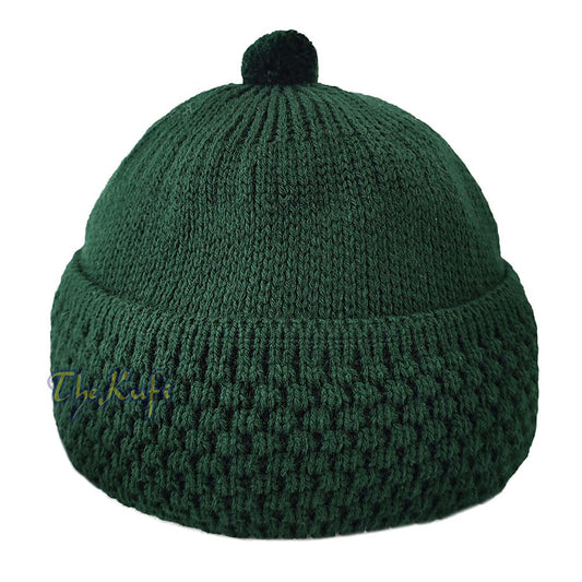 Dark Green Winter Beanie with Pompom Thick Faux Wool Double Layer Warm Hat Cap One-Size