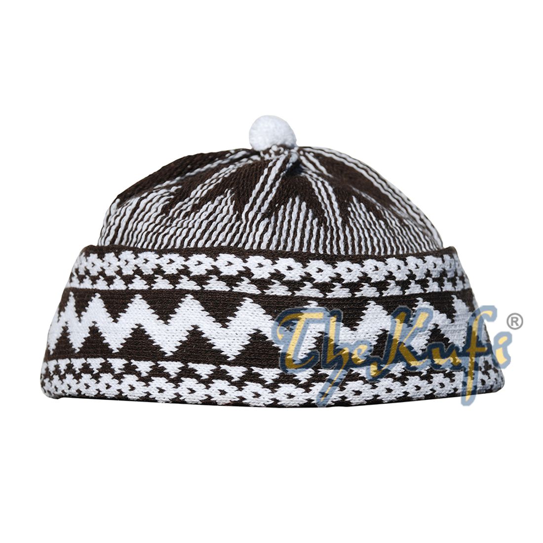 Warm Dark Brown Cotton Blend Zigzag Beanie Kufi Hat with Ball on Top