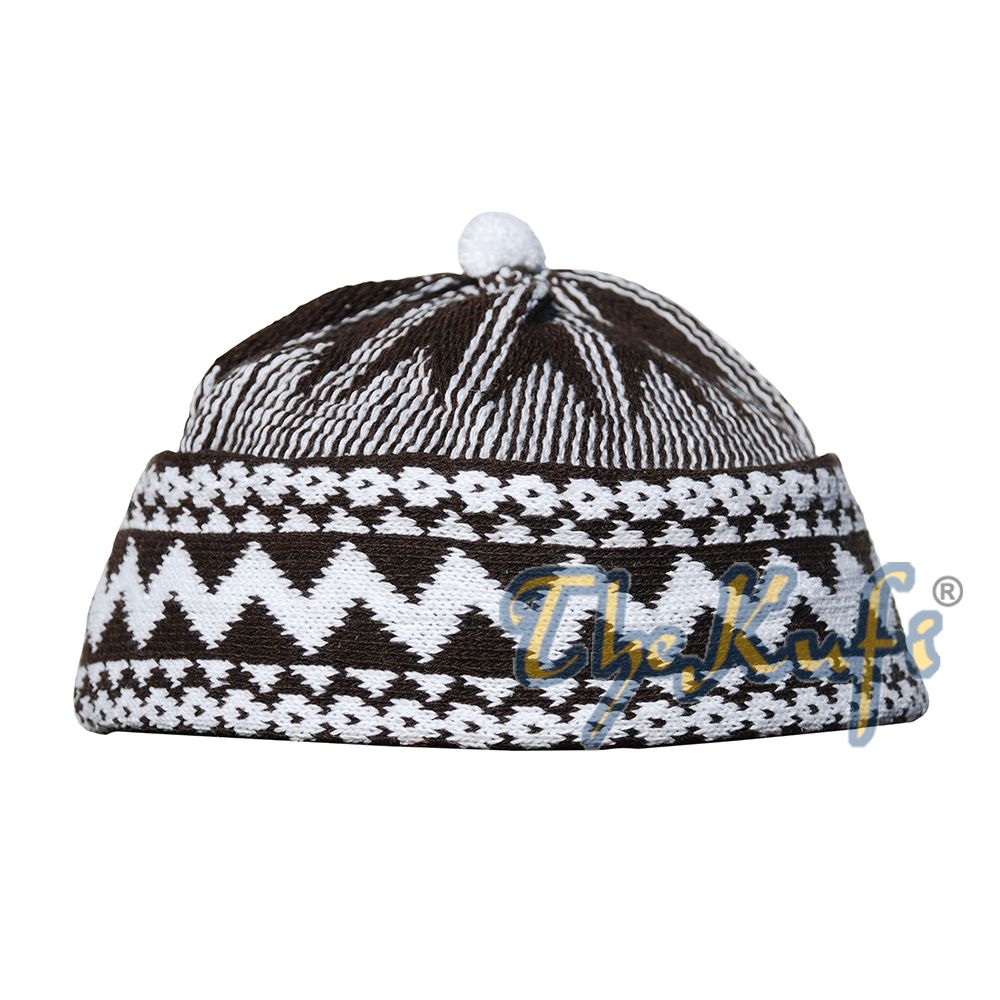 Warm Dark Brown Cotton Blend Zigzag Beanie Kufi Hat with Ball On Top