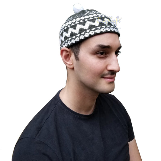 Warm Beanie Kufi Winter Hat with Ball Top – Army Green Cotton-Blend Zigzag Style