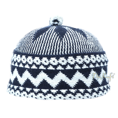 Indigo Blue Cotton Blend Zigzag Beanie Kufi Hat With Ball On Top