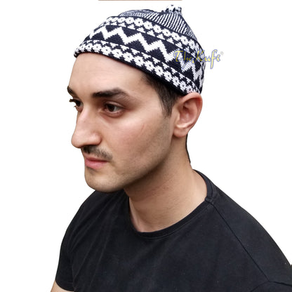 Indigo Blue Cotton Blend Zigzag Beanie Kufi Hat With Ball On Top