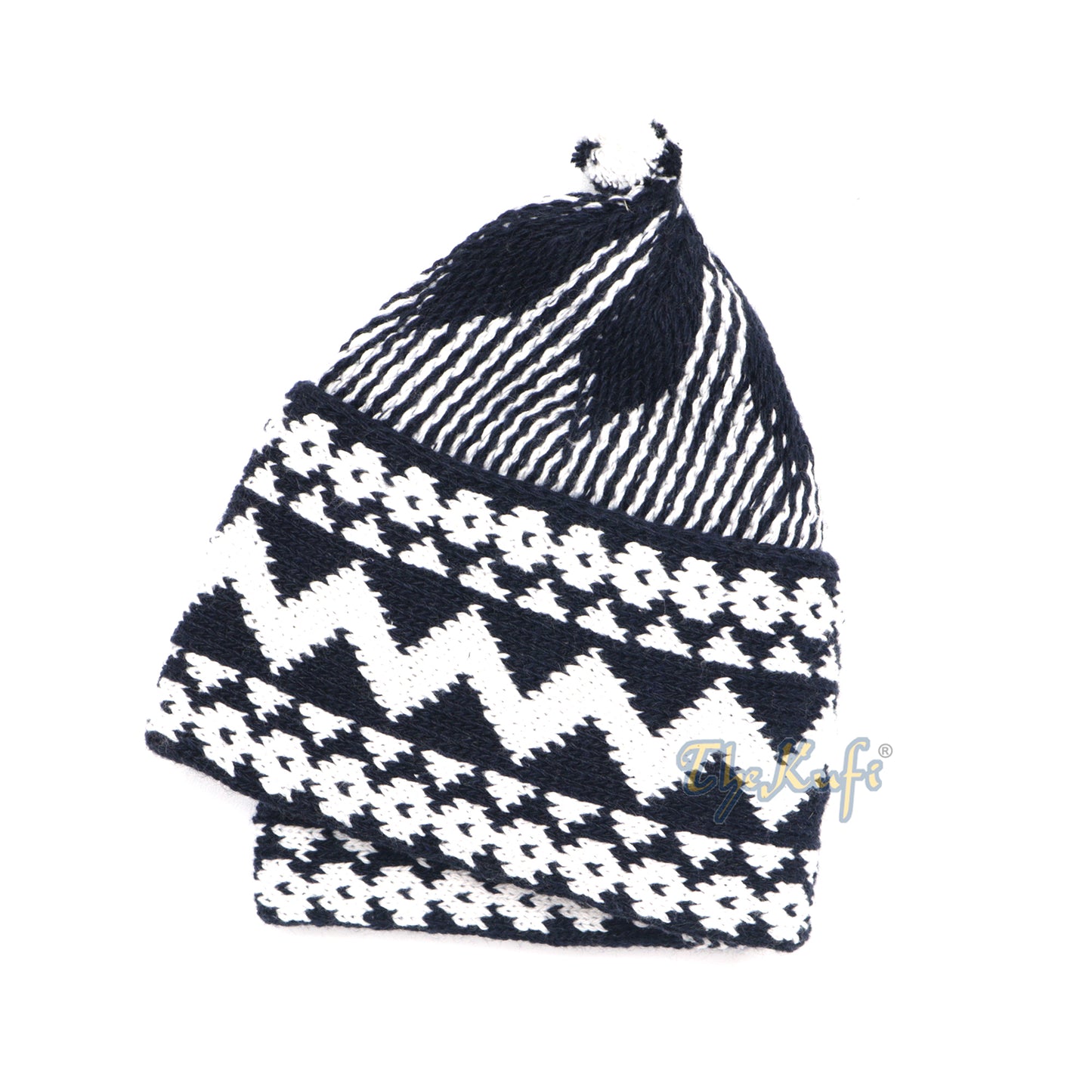 Topi Beanie Kufi Zigzag Campuran Katun Biru Indigo dengan Bola di Atasnya