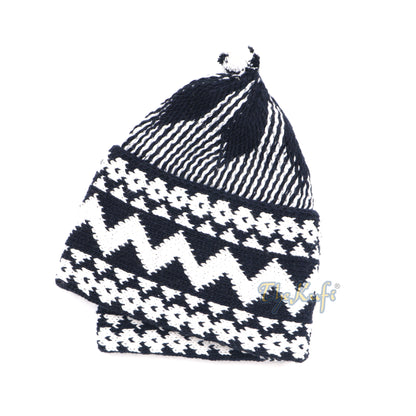 Topi Beanie Kufi Zigzag Campuran Katun Biru Indigo dengan Bola di Atasnya