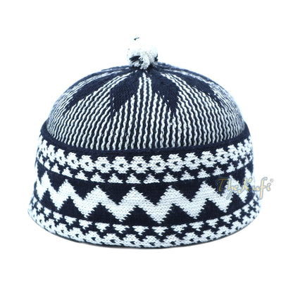 Indigo Blue Cotton Blend Zigzag Beanie Kufi Hat With Ball On Top