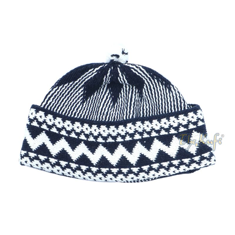 Indigo Blue Cotton Blend Zigzag Beanie Kufi Hat with Ball on Top