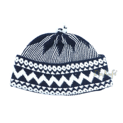 Indigo Blue Cotton Blend Zigzag Beanie Kufi Hat With Ball On Top