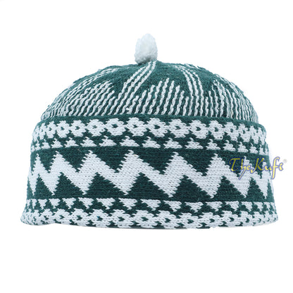 Warm Dark Green Cotton-Blend Zigzag Beanie Kufi