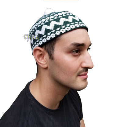 Warm Dark Green Cotton-Blend Zigzag Beanie Kufi