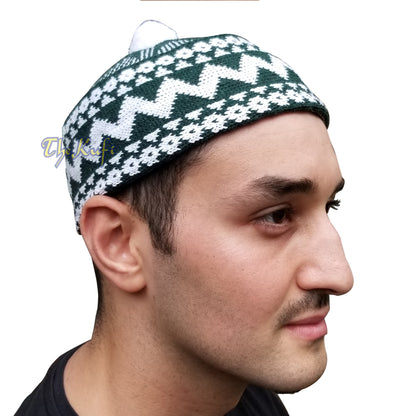 Warm Dark Green Cotton-Blend Zigzag Beanie Kufi