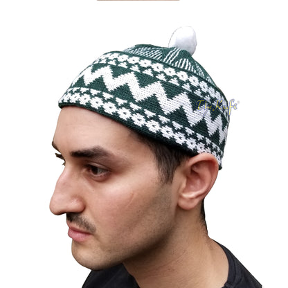 Warm Dark Green Cotton-Blend Zigzag Beanie Kufi