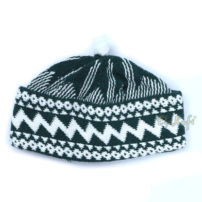 Warm Dark Green Cotton-Blend Zigzag Beanie Kufi