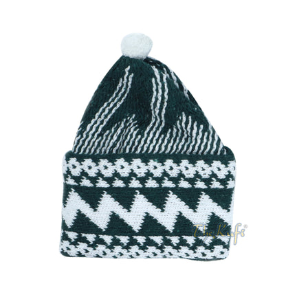 Warm Dark Green Cotton-Blend Zigzag Beanie Kufi