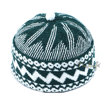 Warm Dark Green Cotton-Blend Zigzag Beanie Kufi