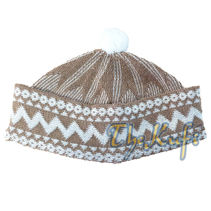 Warm Light Brown Cotton-Blend Zigzag Beanie Kids Kufi