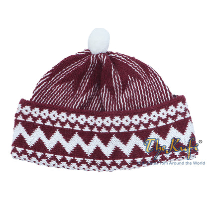 Warm Maroon Cotton Blend Zigzag Winter Beanie Kufi