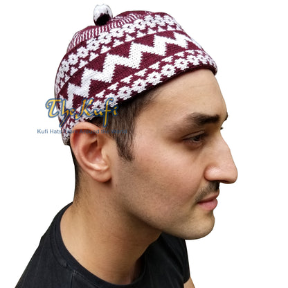 Warm Maroon Cotton Blend Zigzag Winter Beanie Kufi