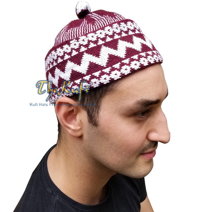 Warm Maroon Cotton Blend Zigzag Winter Beanie Kufi