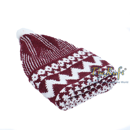 Warm Maroon Cotton Blend Zigzag Winter Beanie Kufi