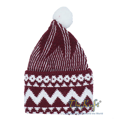 Warm Maroon Cotton Blend Zigzag Winter Beanie Kufi