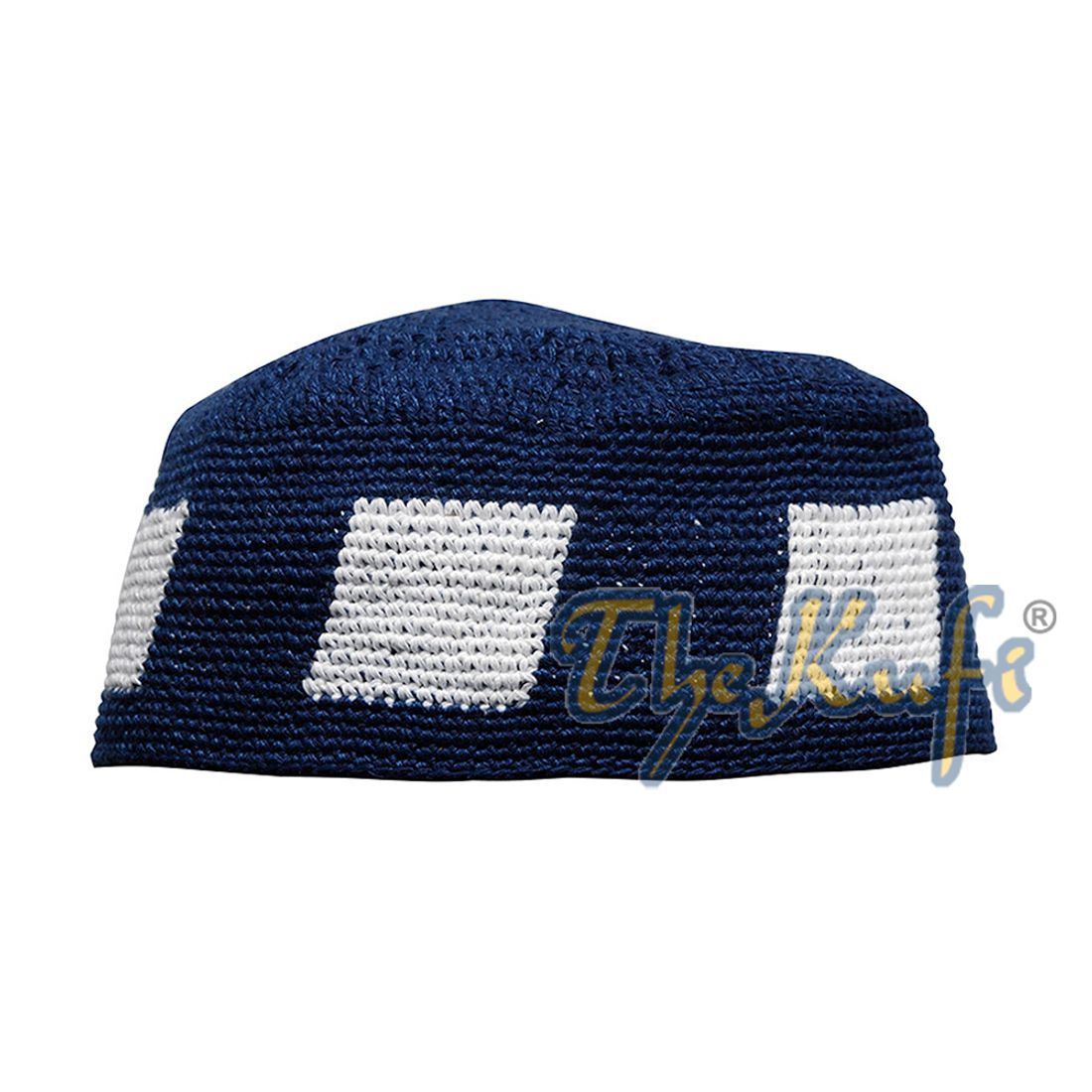 Hand-crocheted Dark Blue Kufi With White Squares For Kids